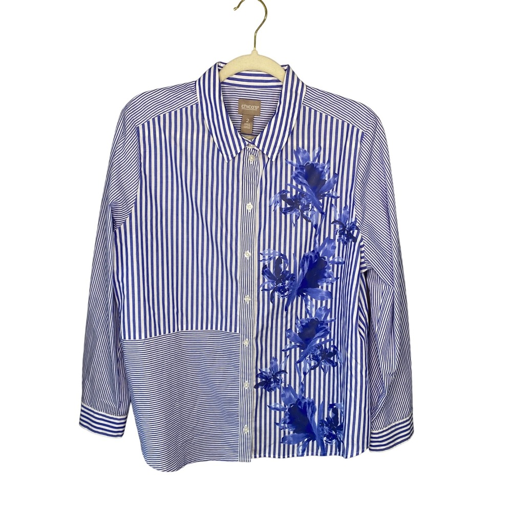 Chicos Blue White Striped Floral Button Down Shirt Size 2 Long Sleeve